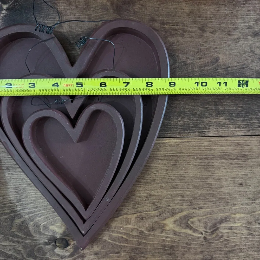 Nesting Wooden Heart Wall Decor Set 3 Piece Primitive Rustic Burgundy Farmhouse